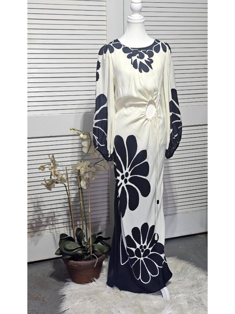 NWOT Farm Rio Women's Black Off-White Palermo Long Sleeve Maxi Dress Size S 3637